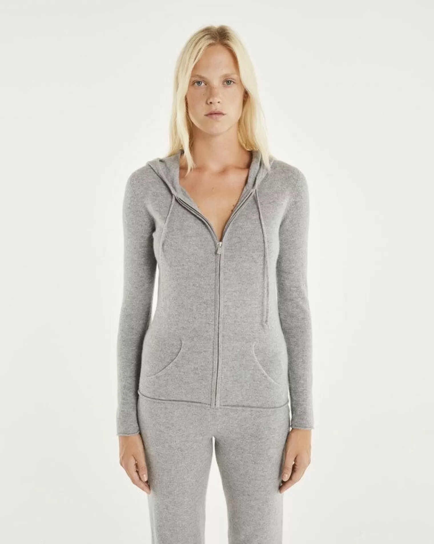 Kujten Hoodies>Zipped Hooded Round Neck Cashmere Vest Gris Chine