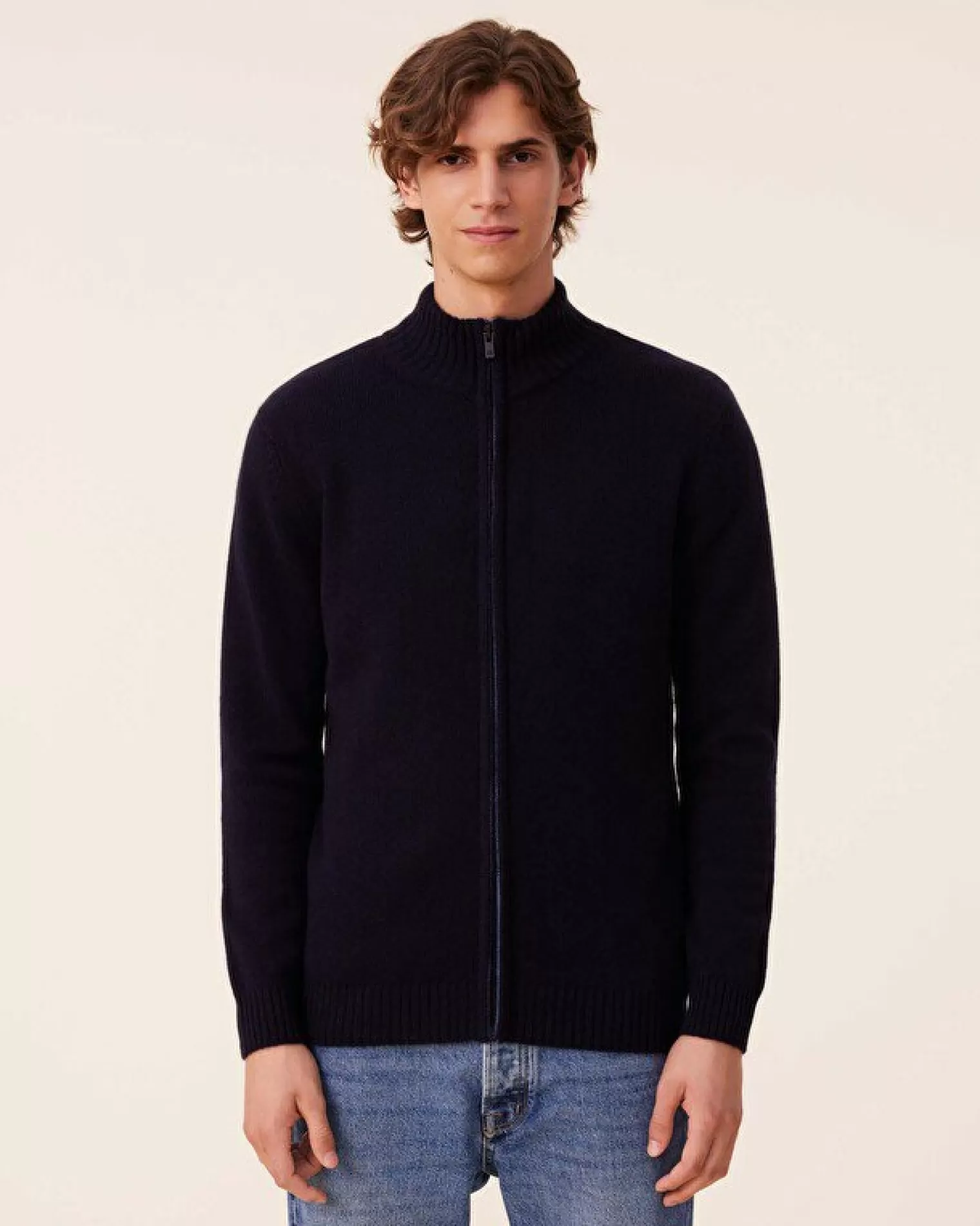 Kujten Jackets & Vests>Zipped Trucker Collar Man Cashmere Vest, 4-Threads Bleu Marine Fonce