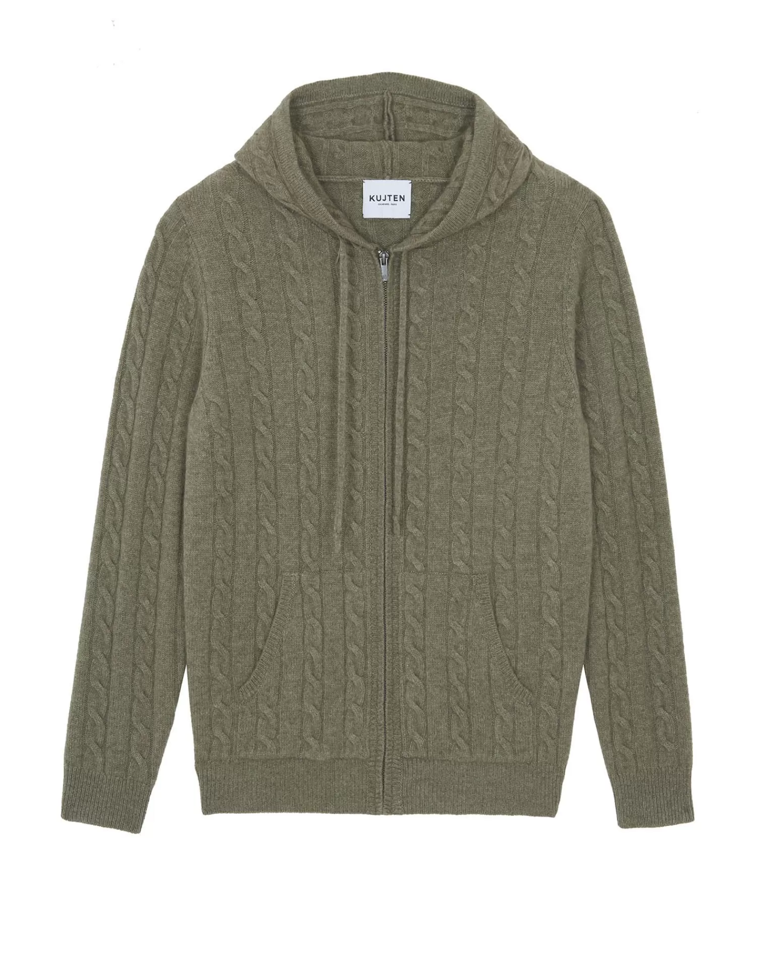 Kujten Sweaters & Sweatshirts>Zipped Twisted Cashmere Hoodie, 4-Threads Kaki Chine