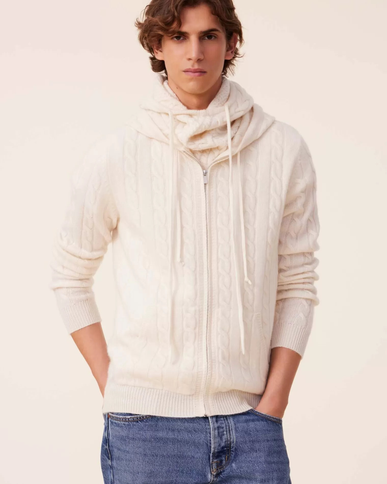 Kujten Sweaters & Sweatshirts>Zipped Twisted Cashmere Hoodie, 4-Threads Blanc